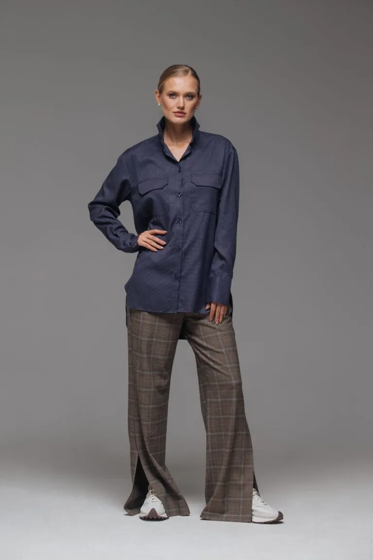 Блузка жіноча Ейфорія – темно синя комір Вишитий одяг для усієї родини 1204