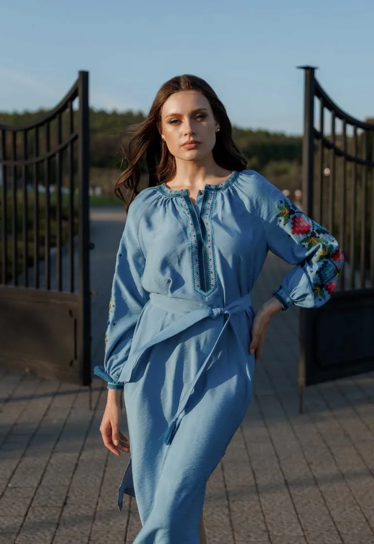 Вишита сукня Ксенія синя Вишитий одяг для усієї родини 7754